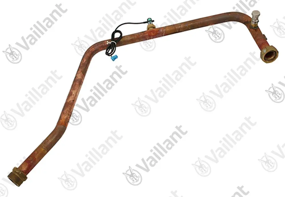 Vaillant Rohr mit angeschlossenem Strömungsschalter, gebogenes Metallrohr mit zwei Anschlussenden, sichtbar rostige Oberfläche und Kabelverbindung.